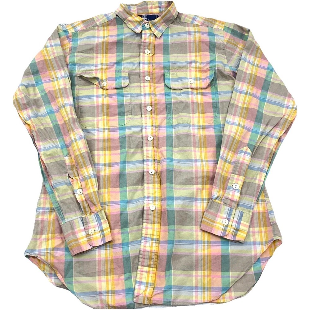 Polo Ralph Lauren Shirt Men Medium Yellow Pink Button Up Tartan Camp Vintage 90s